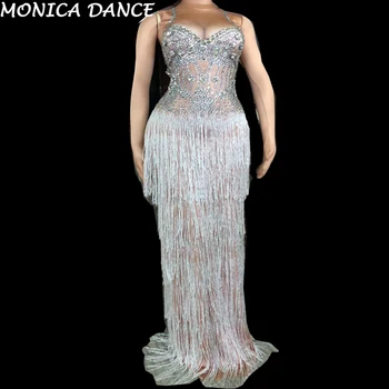 Women Sexy Stage Silver Tassels Long Dress Sparkly Crystals Leotard Dresses Sexy Nightclub DJ Singer Stage Costume Party Costume
Women Sexy Stage Silver Tassels Long Dress Sparkly Crystals Leotard Dresses Sexy Nightclub DJ Singer Stage Costume Party Costume
