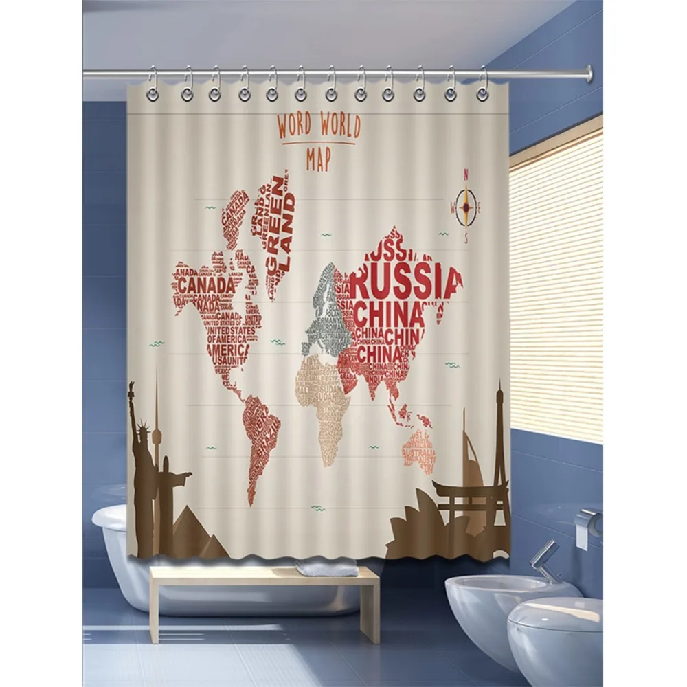 72'' Vintage Word World Map Land With English Bathroom Waterproof Fabric Shower Curtain Polyester 12 Hooks Bath Accessory Sets | Дом и