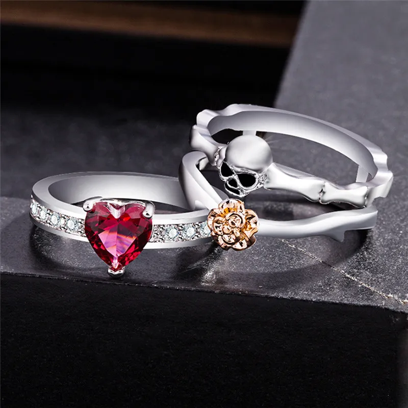 Skull Ring Heart CZ Crystal Rose Flowers Gothic Rings Set for Women Skeleton White Gold Color Wedding Rings Love Gift Jewelry S3
Skull Ring Heart CZ Crystal Rose Flowers Gothic Rings Set for Women Skeleton White Gold Color Wedding Rings Love Gift Jewelry S3