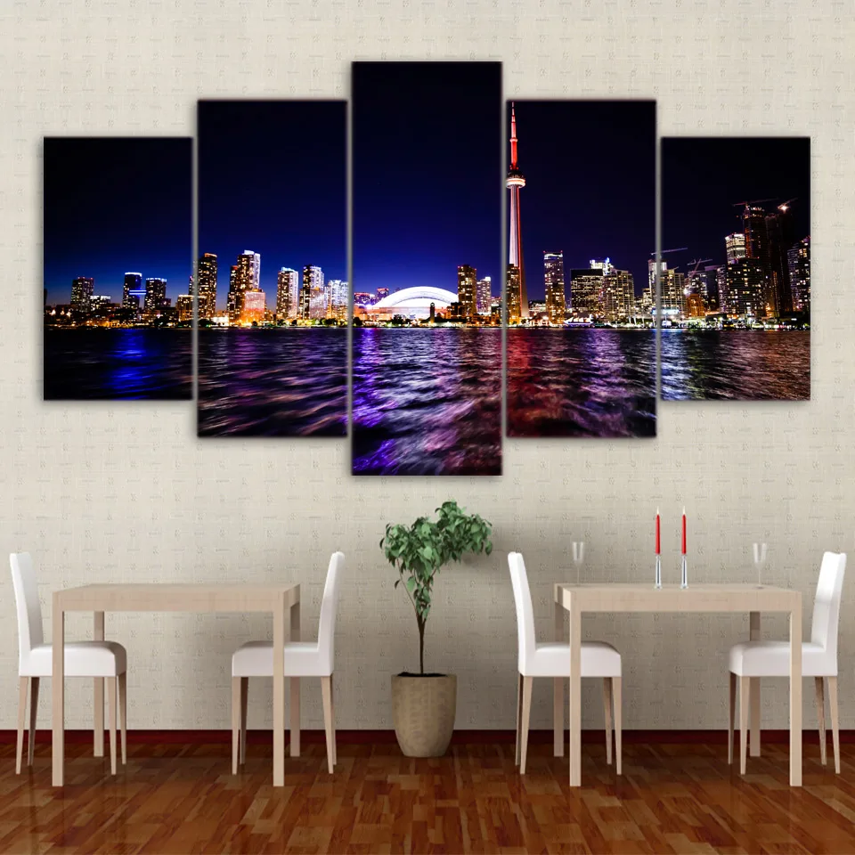 

Embelish 5 Panels Modular Pictures For Living Room Toronto Building Night View HD Canvas Painting Home Decor Wall Art Posters