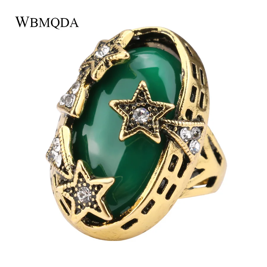Fashion Big Antique Gold Pentagram Star Shape Women Ring Vintage Green Red Stone Crystal Wedding Rings Turkish Jewelry 2018 New | Украшения