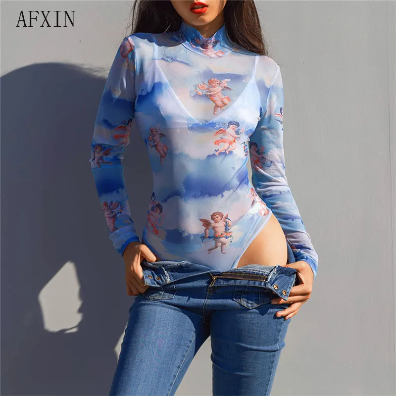 Sexy Mesh Bodysuit Women Long Sleeve Cupid Angel Print Playsuit See Through Turtleneck Transparent Jumpsuit Overall Outfits 2019
Sexy Mesh Bodysuit Women Long Sleeve Cupid Angel Print Playsuit See Through Turtleneck Transparent Jumpsuit Overall Outfits 2019
