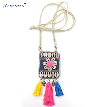 

New Boho Jewelry Bag Back Flower Pendents Bohemia Necklaces Sea Beach Shell Pendants Necklace With Colorful Cotton Tassel