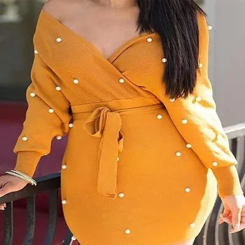 Women Sexy V -cut Mini Bodycon Dresses Women's Pearls Way From Shoulder Belted Yellow Sweater Dress Vestido De Mujer 2019
Women Sexy V -cut Mini Bodycon Dresses Women's Pearls Way From Shoulder Belted Yellow Sweater Dress Vestido De Mujer 2019