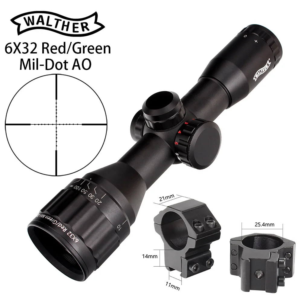 WALTHER 6x32 AO Tactical Optical Sight Mil Dot Double Color Red Green Illuminated Reticle 1inch Tube Hunting Riflescope
WALTHER 6x32 AO Tactical Optical Sight Mil Dot Double Color Red Green Illuminated Reticle 1inch Tube Hunting Riflescope