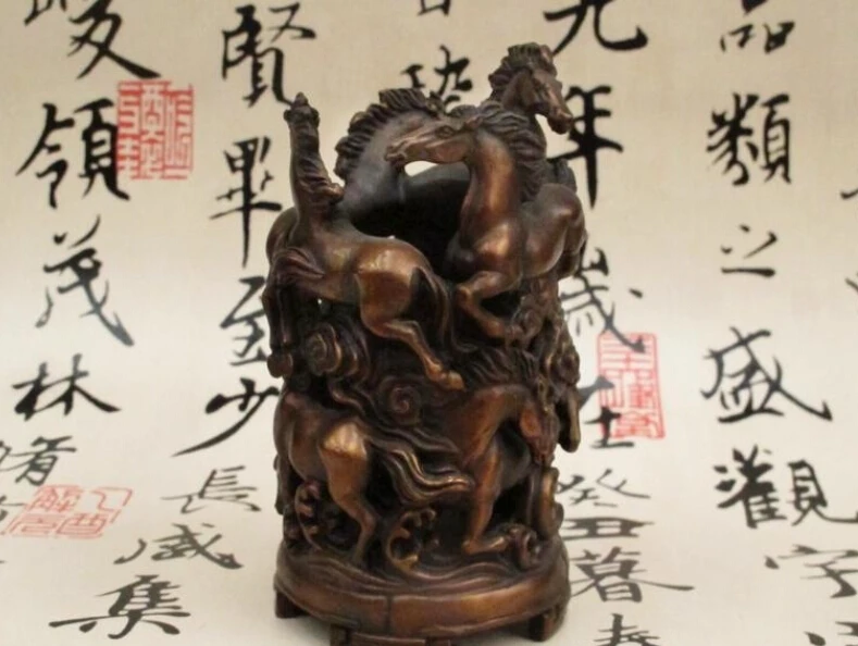 Chinese feng shui Bronze Galloping horse Vase Pot Pencil Pen case Royal Statue
Chinese feng shui Bronze Galloping horse Vase Pot Pencil Pen case Royal Statue