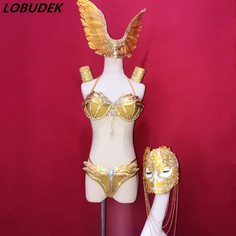 Nightclub Bar Women DJ Singer Bra Costume Party Model Catwalk Stage Outfit Gold Feathers Headdress Rhinestones Bikini Dance Wear
Nightclub Bar Women DJ Singer Bra Costume Party Model Catwalk Stage Outfit Gold Feathers Headdress Rhinestones Bikini Dance Wear