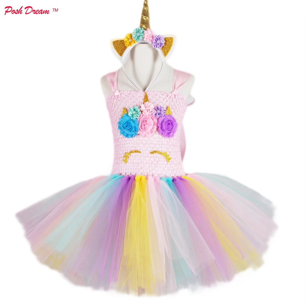 

POSH DREAM Pastel Easter Unicorn Girls Dress Princess Girls Birthday Party Tutu Dress Children Kids Halloween Unicorn Costume D