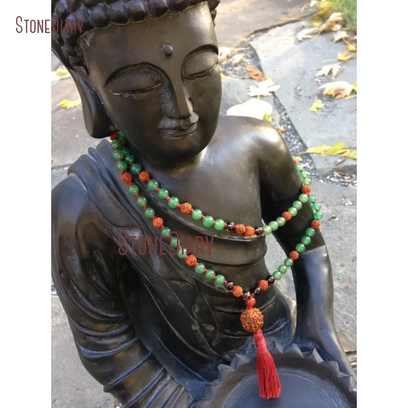 Подвеска с кисточками длинная ручная работа Aventurine & Rudraksha 108 шарик мала ожерелье