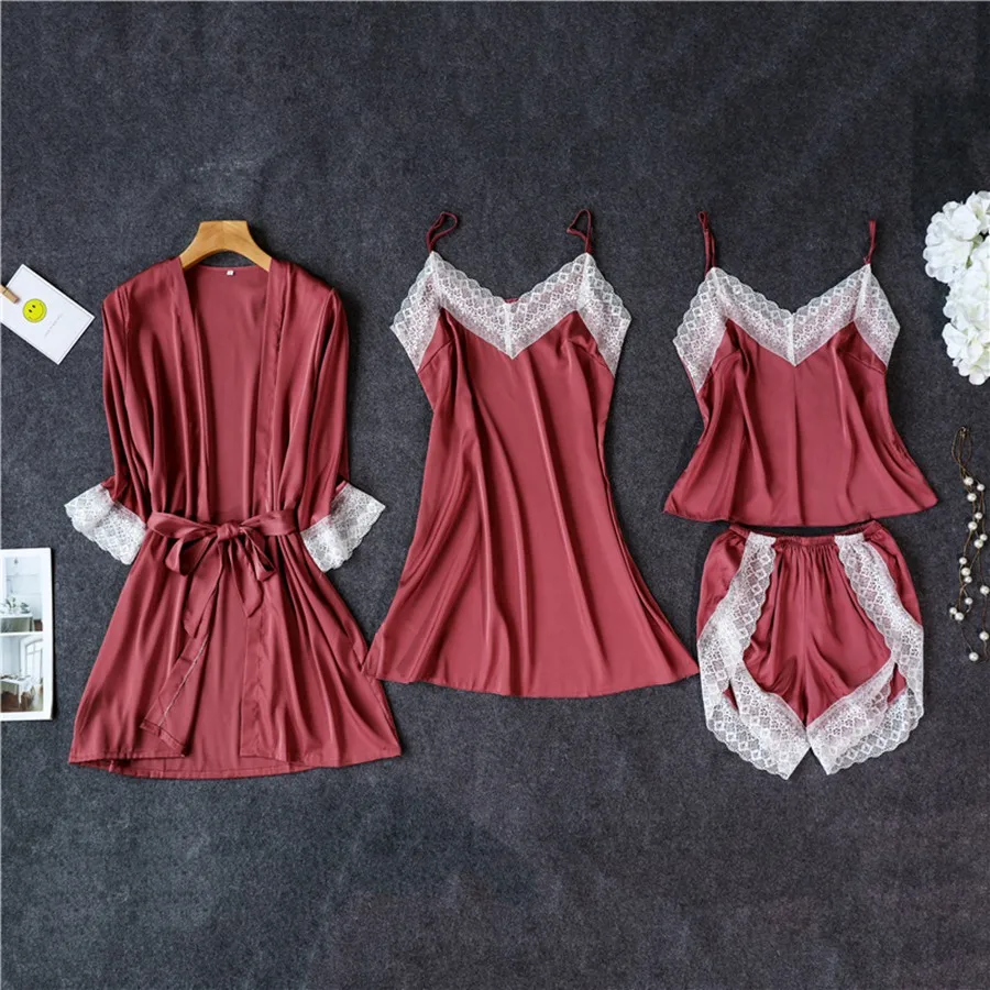4 Piece Pajama Set + Bathrobe + Nightgown Women Silk Lace Sexy Lingerie Robe Sleepwear elegant Kimono Bridesmaid homewear suit
4 Piece Pajama Set + Bathrobe + Nightgown Women Silk Lace Sexy Lingerie Robe Sleepwear elegant Kimono Bridesmaid homewear suit
