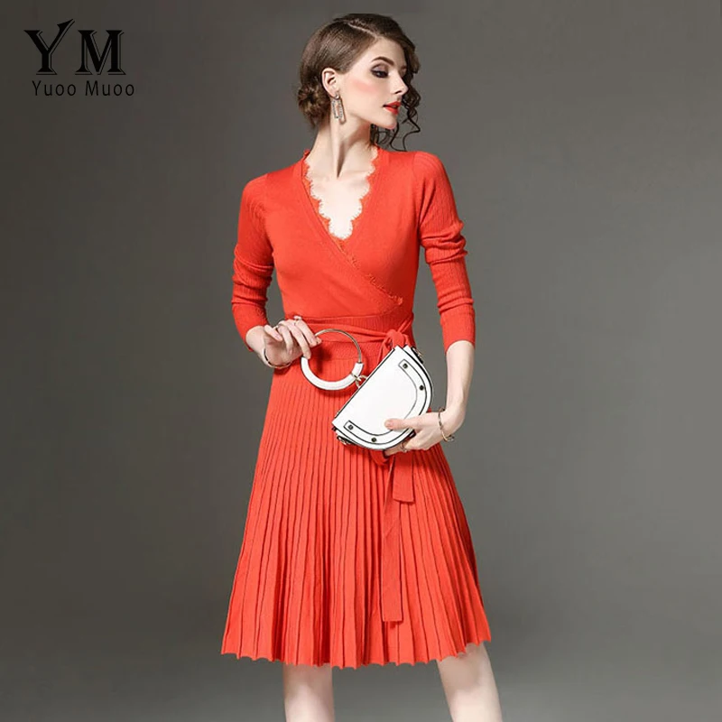 YuooMuoo Fashion Long Sleeve Knitted Women Dress V-neck Lace Patchwork Elegant Office Lady Knee-length Dress Party Work Dress
YuooMuoo Fashion Long Sleeve Knitted Women Dress V-neck Lace Patchwork Elegant Office Lady Knee-length Dress Party Work Dress
