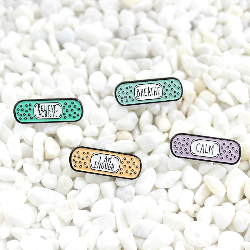 Cute cartoon band-aid Enamel brooch Four-color Calm Breath Believe achieve I am enough letter badge Denim leather backpack pin
Cute cartoon band-aid Enamel brooch Four-color Calm Breath Believe achieve I am enough letter badge Denim leather backpack pin