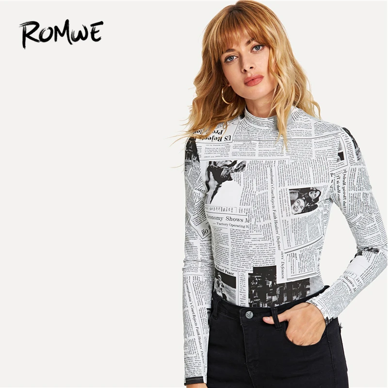 ROMWE Newspaper Print Stand Collar Tee 2019 Women Casual Black and White Long Sleeve T-shirt Spring Autumn Fashion T Shirt
ROMWE Newspaper Print Stand Collar Tee 2019 Women Casual Black and White Long Sleeve T-shirt Spring Autumn Fashion T Shirt