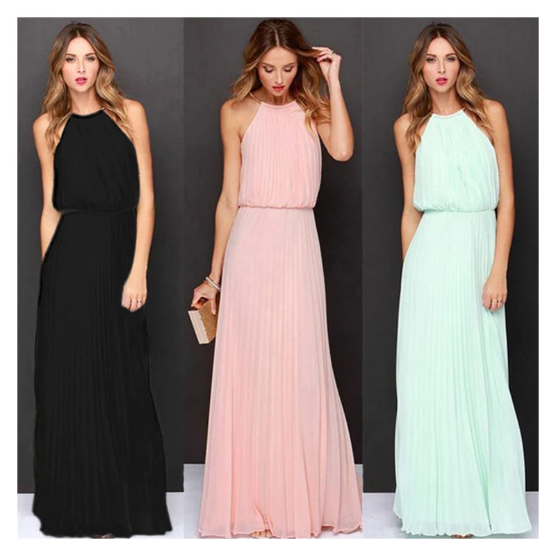 Halter pleated dress chiffon strapless color sleeveless dress Beach crew neck and long dresss
Halter pleated dress chiffon strapless color sleeveless dress Beach crew neck and long dresss