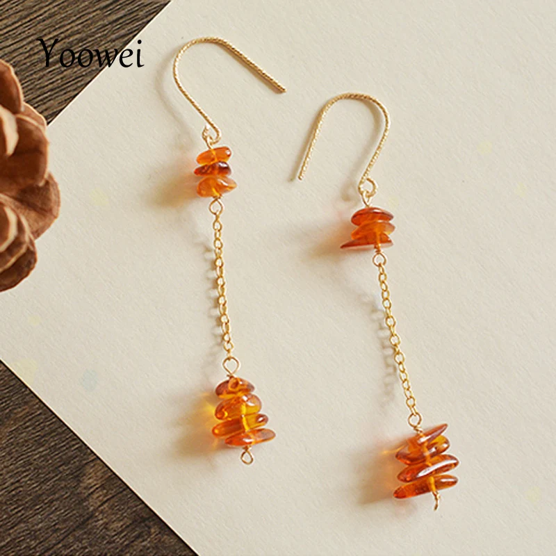 

Yoowei Natural Baltic Amber Earrings for Women 14K Gold Long Chain Ear Jewel Tiny Drop Earrings Handmade diy Amber Chips Jewelry