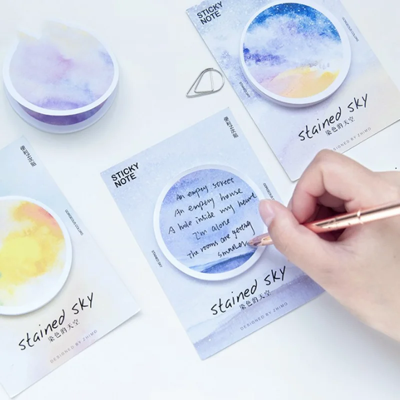 1 Pcs Kawaii Stained Sky Watercolor Round Memo Pads Label Stickers Sticky Notes Cute Writing Office School Stationery | Канцтовары для