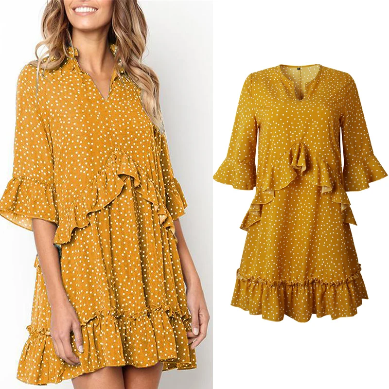 Spring Summer 2019 New Arrival Dress O-Neck Half Sleeve Ruffle Bottom Dress Allover Dot Print Knee Length Casual Style
Spring Summer 2019 New Arrival Dress O-Neck Half Sleeve Ruffle Bottom Dress Allover Dot Print Knee Length Casual Style