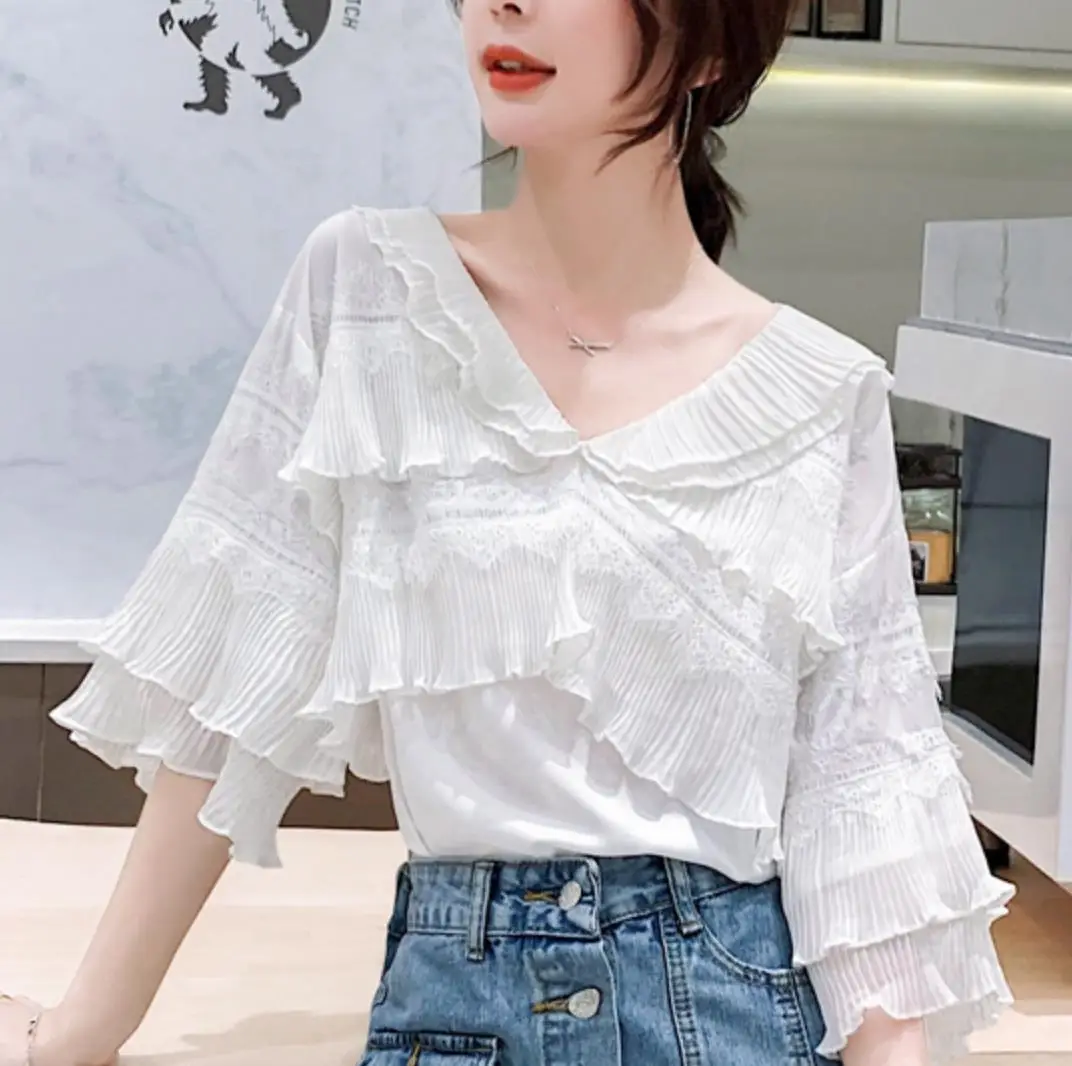 2019 Summer Elegant Sweet cute Slim Fit Short Sleeve Lace Chiffon Shirt Womens Tops and Blouses Blusas Camisas Mujer
2019 Summer Elegant Sweet cute Slim Fit Short Sleeve Lace Chiffon Shirt Womens Tops and Blouses Blusas Camisas Mujer