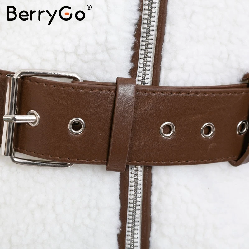 BerryGo отложной воротник на Молнии Теплое ворсистое пальто парка пояс белая