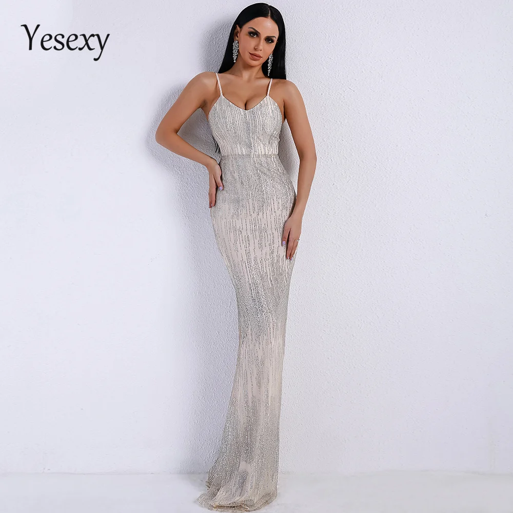 

Yesexy 2019 Women Sexy V Neck Off Shoulder Backless Glitter Dresses Female Elegant Party Maxi Dress Vestdios VR9226