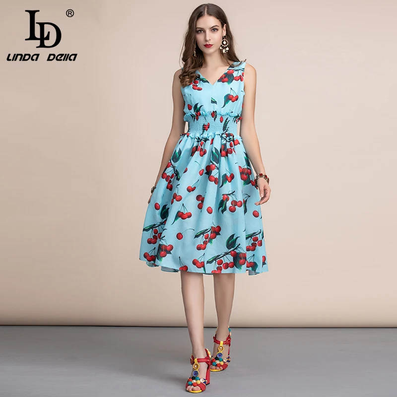 LD LINDA DELLA Fashion Runway Casual Summer Dress Women's V Neck Blue Cherry Print elastic Waist Ruffles Elegant Ladies Dresses
LD LINDA DELLA Fashion Runway Casual Summer Dress Women's V Neck Blue Cherry Print elastic Waist Ruffles Elegant Ladies Dresses