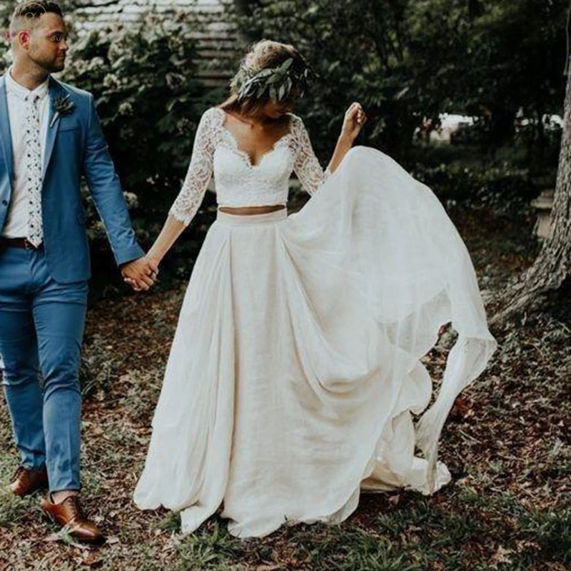 Boho Wedding Dresses 2019 Three Quarter Sleeve Two Pieces robe de mariee Ivory Chiffon Lace Princess Beach Bridal Wedding Gowns
Boho Wedding Dresses 2019 Three Quarter Sleeve Two Pieces robe de mariee Ivory Chiffon Lace Princess Beach Bridal Wedding Gowns