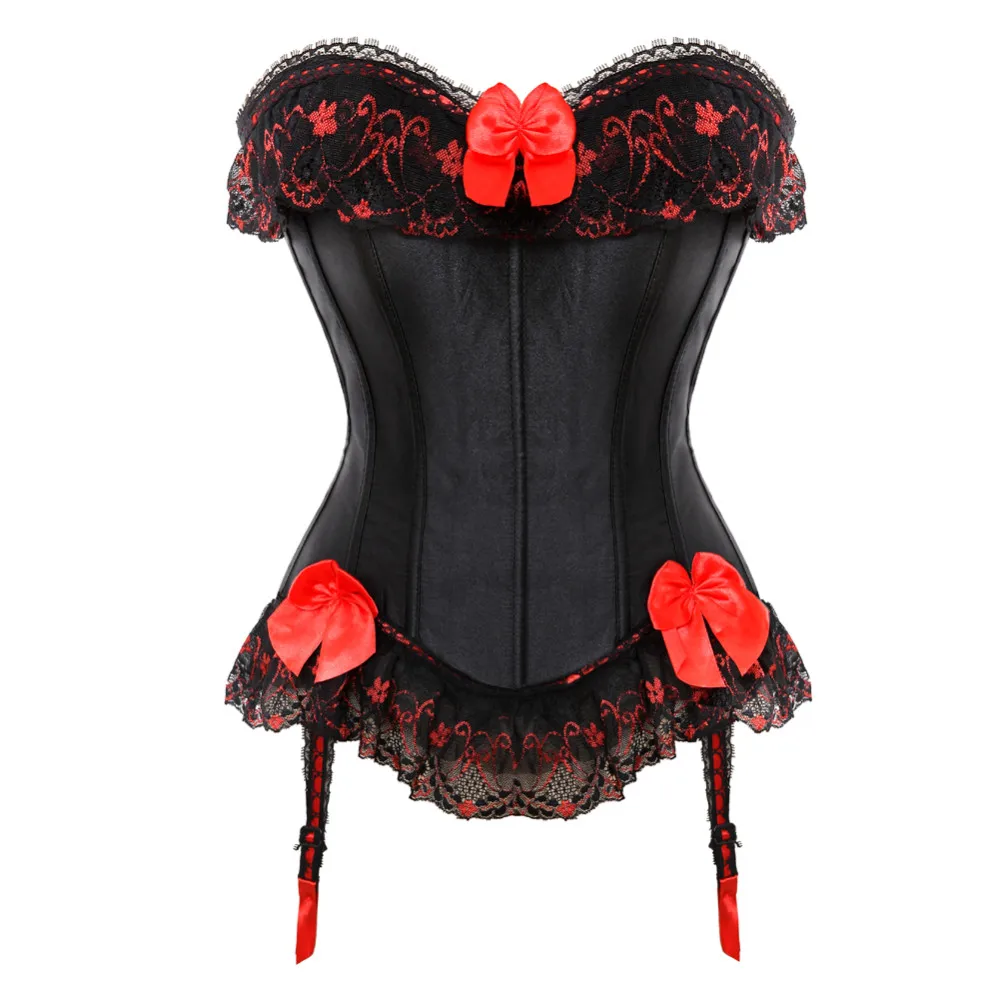 

Sexy Satin Lace overlay Overbust Corset Top Zipper Side Bowknot Decorated Clubwear Showgirl Body Shaper Plus Size S-6XL