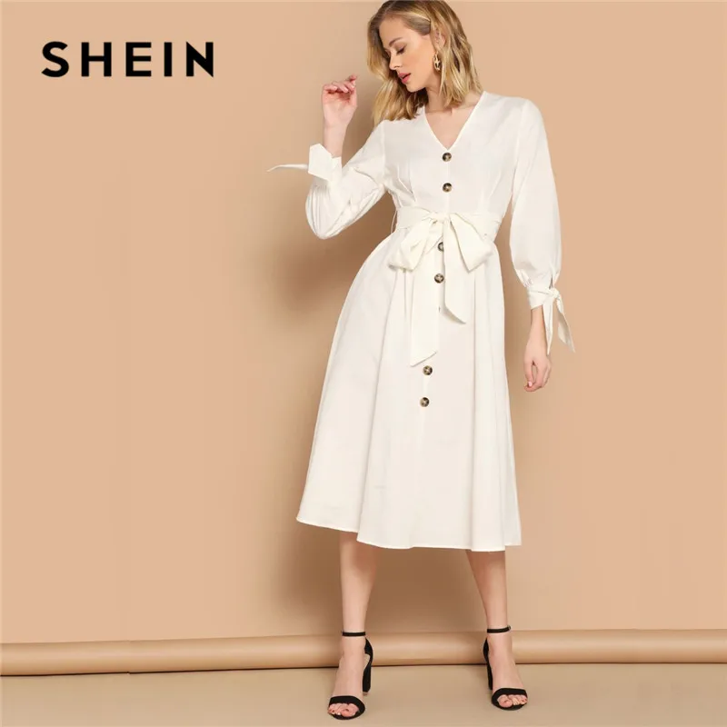 SHEIN Lady Casual Button Front Knot Cuff Belted White Dress Women Spring Solid V Neck Streetwear A Line Elegant Midi Dress
SHEIN Lady Casual Button Front Knot Cuff Belted White Dress Women Spring Solid V Neck Streetwear A Line Elegant Midi Dress