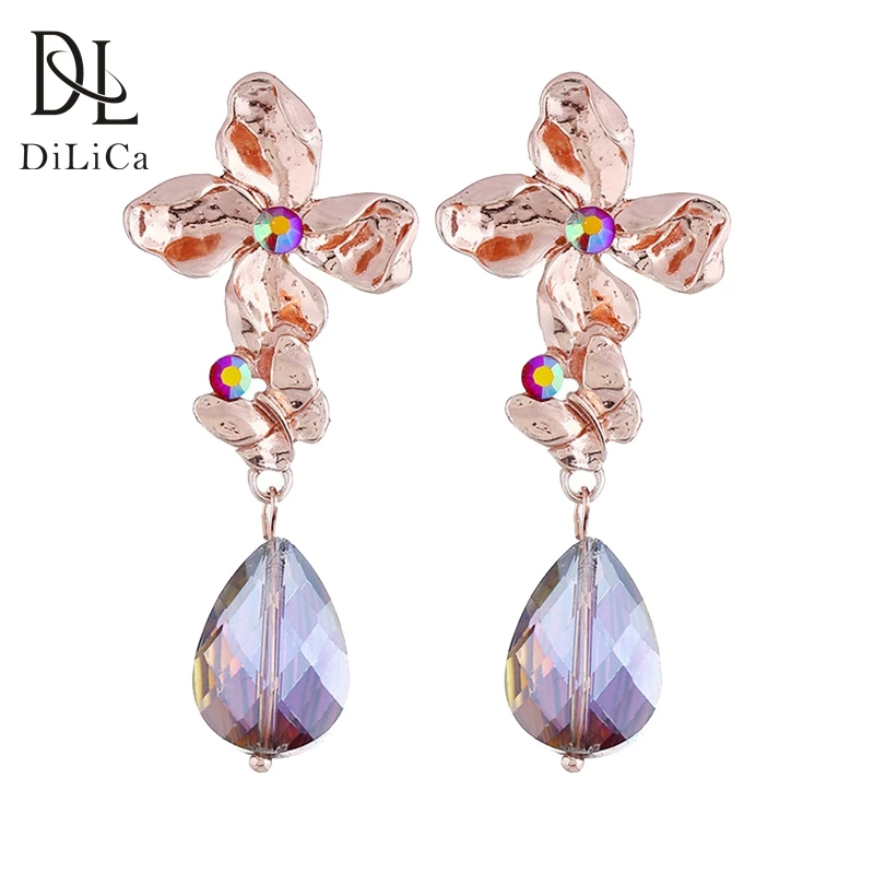 DiLiCa Elegant Crystal Drop Earrings for Women Rose Gold Color Alloy Geometric Statement Flower Charms Earring Jewelry | Украшения и