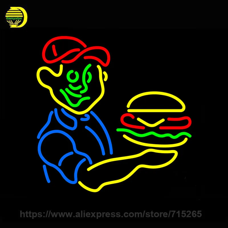 Image Neon Sign Burger Boy With Burger Neon Light Sign Neon Bulb handcraft Glass Tube Custom Art Iconic Sign Indoor Lighted Lamp 24x24