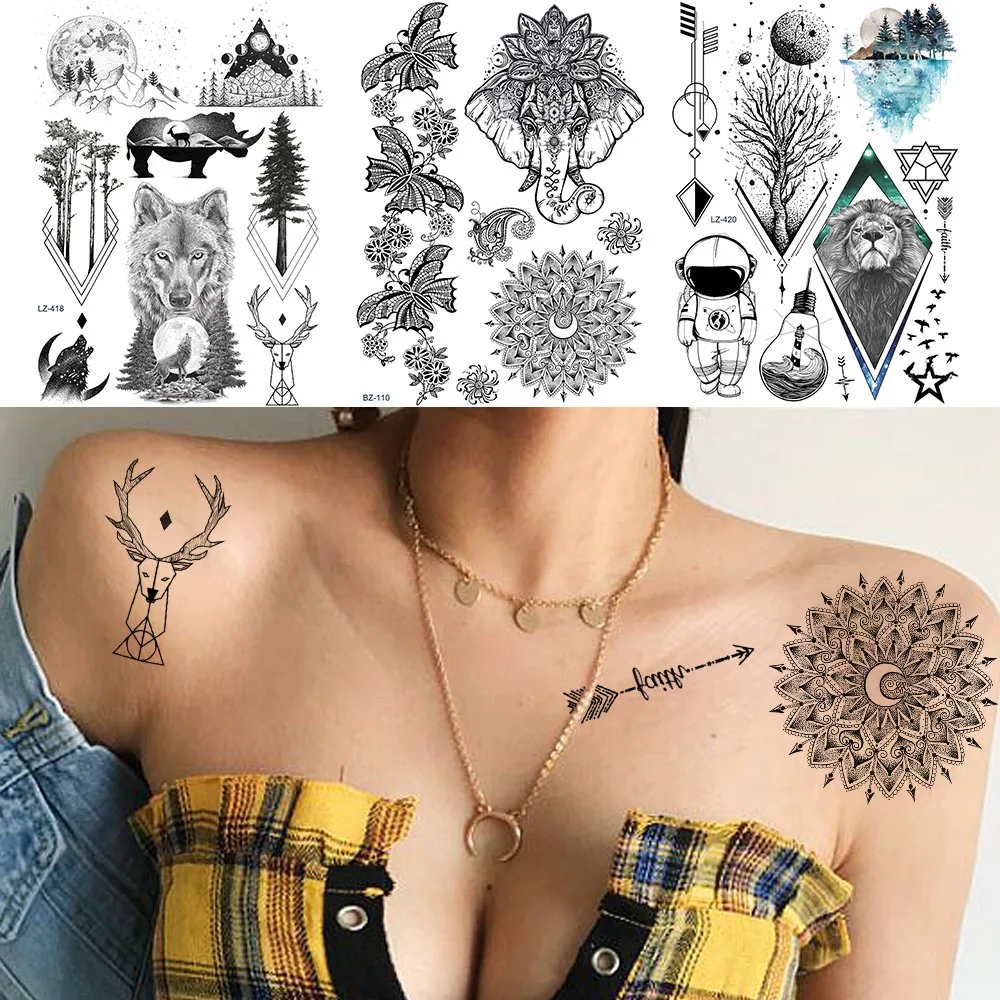 

Henna Mandala Flower India Tribal Arrow Tattoos Stickers Black Elk Arm Chest Neck Tatoo Temporary Women Girls Lace Custom Tattoo