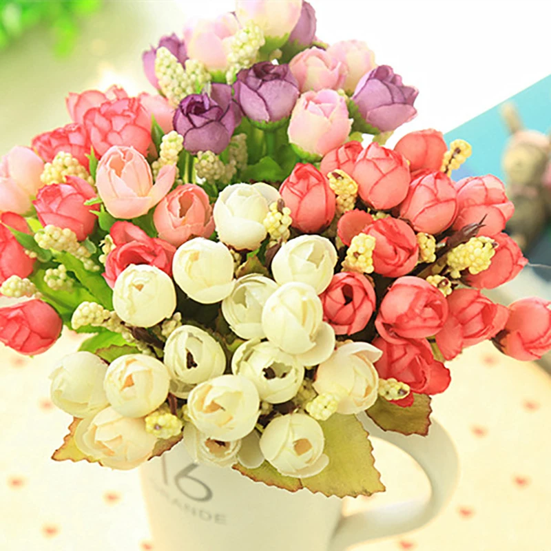 

15 Heads Mini Rose Colorful Silk Artificial Flower Home Decor For Wedding Small Roses Bouquet Decoration Display Flower