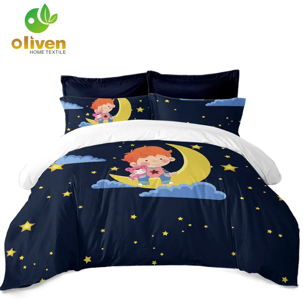 Deep Blue Cartoon Bedding Set Baby Kids Moon Star Print Duvet