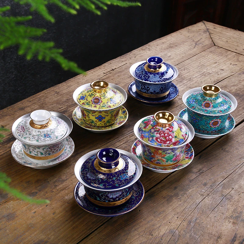 

Silver Gaiwan porcelain cup bowl set hand made peony flower lotus ceramic tureen Chinese kungfu tea set gaiwan cup saucer lid