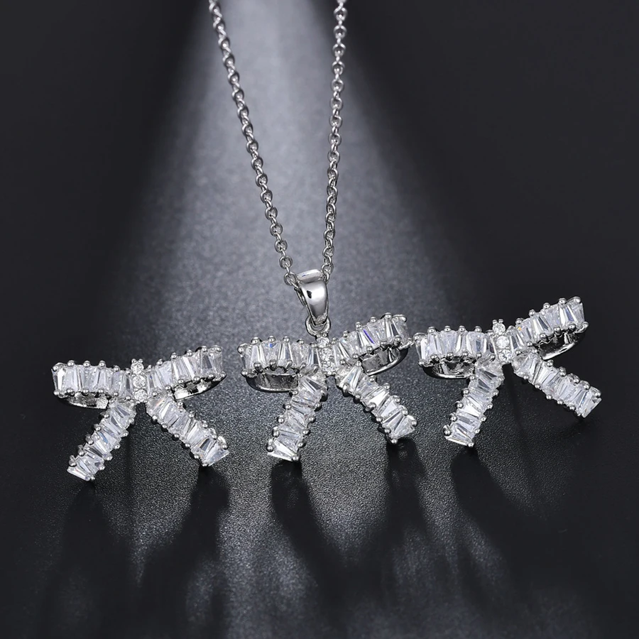 11.11 Sale Latest Bowknot Stud Earing and Pendants With Cubic Zircon Shaped Fashion Jewelery Sets for Women Best Jewellery Gift | Украшения