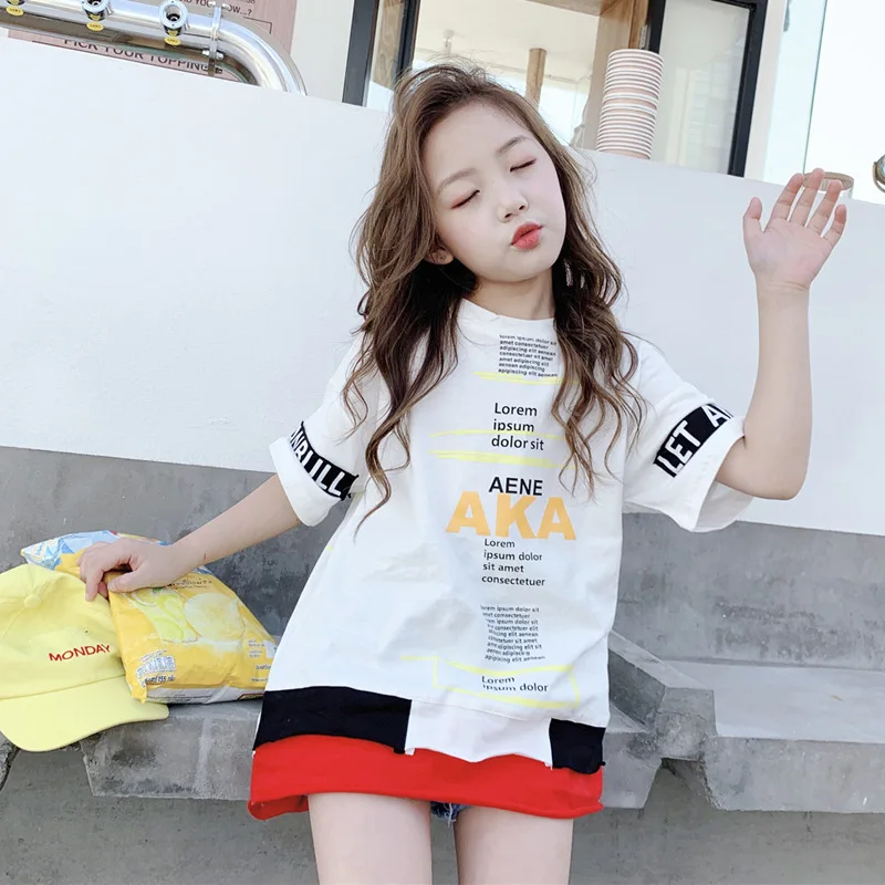 Teen Clothing Set 2019 Summer Girls T-Shirt Stitching Letters Long T-Shirt Personality Cute Short Sleeve beautiful Top 4-12Y
Teen Clothing Set 2019 Summer Girls T-Shirt Stitching Letters Long T-Shirt Personality Cute Short Sleeve beautiful Top 4-12Y