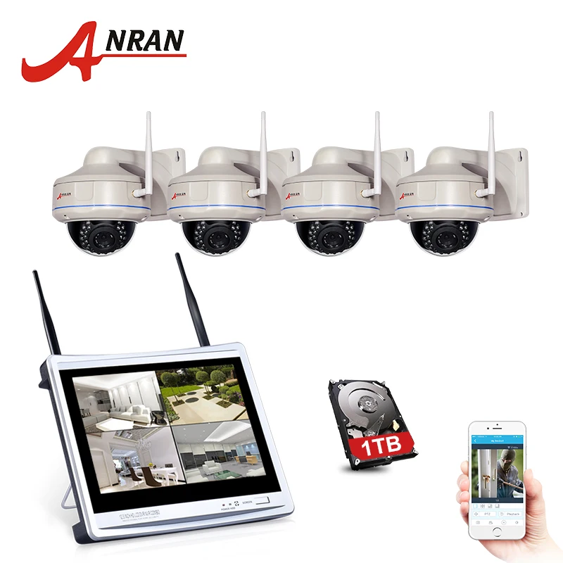 

ANRAN P2P 4CH NVR 12'' LCD Monitor Vandal-Proof Dome Outdoor 30 IR 1080P IP Wireless WIFI Camera Security CCTV System 2TB HDD