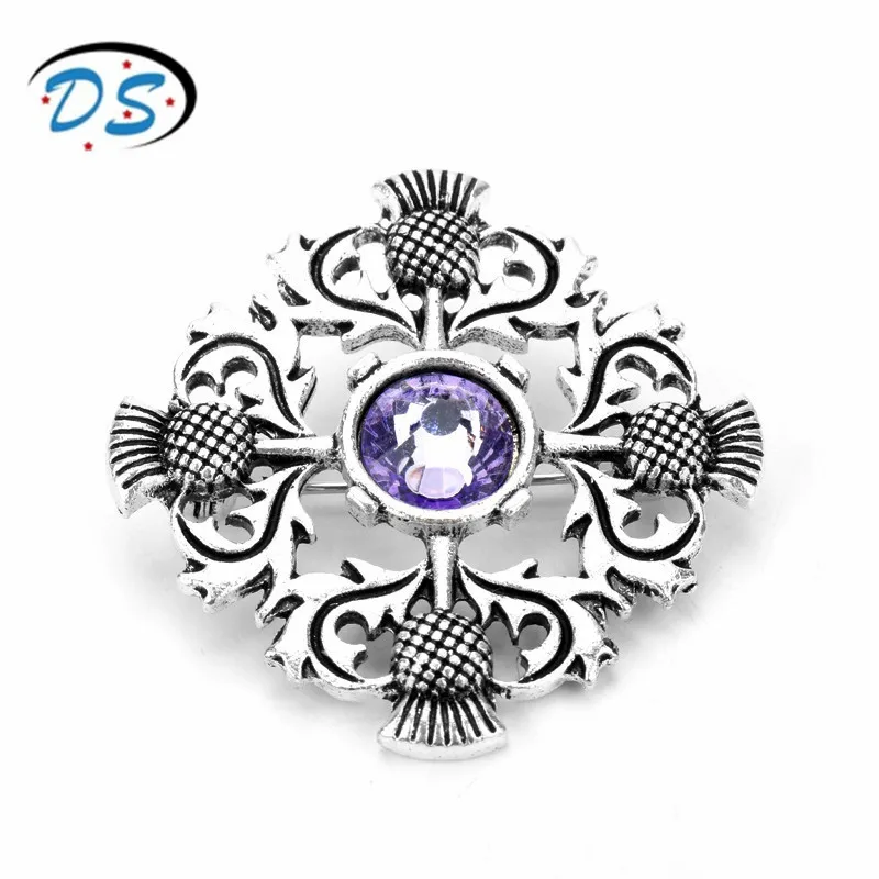 

dongsheng jewelry Scottish Thistle brooch pins women men lapel pin Crystal Cross Thistle Flower Brooches broche Retro cloak pin