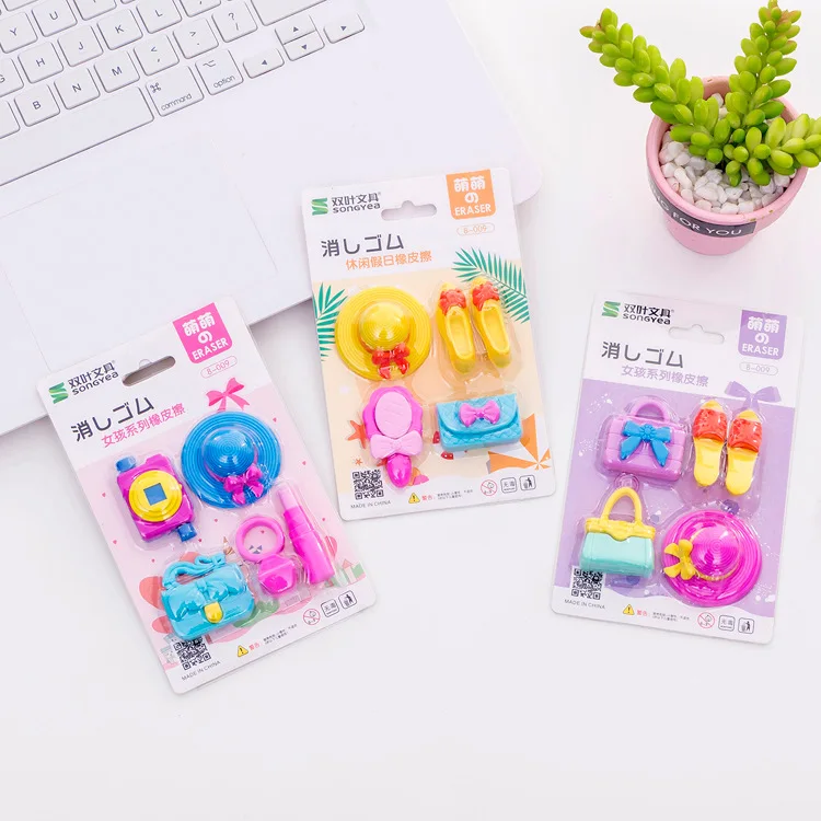6 Set/Lot Hat, High Heel, Handbag Girl Blister-Card Rubber Eraser Suit / Creative Stationery/ Children Student School Prize
6 Set/Lot Hat, High Heel, Handbag Girl Blister-Card Rubber Eraser Suit / Creative Stationery/ Children Student School Prize