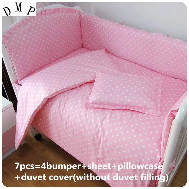 Image Promotion! 6 7PCS Pink 100% cotton crib bedding Set bumper crib skirt dust ruffle cot bedding set baby set ,120*60 120*70cm