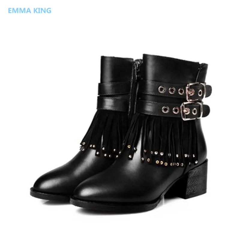 New Black Leather Tassel Women Ankle Boots Pointed Toe Fashion Chunky Heels Ladies Gothic Shoes Woman Punk Style Motorcycle Boot
New Black Leather Tassel Women Ankle Boots Pointed Toe Fashion Chunky Heels Ladies Gothic Shoes Woman Punk Style Motorcycle Boot