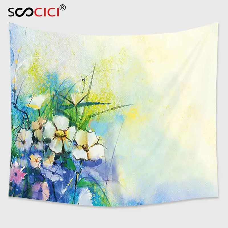 

Cutom Tapestry Wall Hanging,Watercolor Flower Floral Petals Display Murky Nature Artisan Sketchy Image Yellow Green