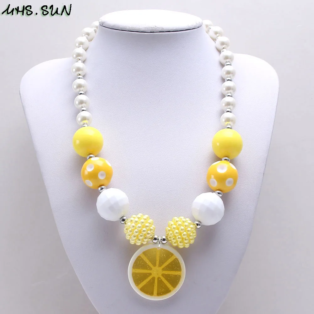 BN627 (14) Spring New Style Girls Kids Chunky Beads Necklace With Lemon Pendants Baby Child Bubblegum Beads Chunky Necklace Jewelry