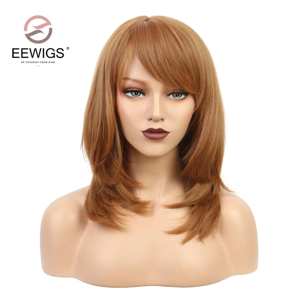 

EEWIGS Short Wig with Oblique Bang Natural Yaki Straight Synthetic Wigs for Women Black Brown Wig Heat Resistant Natural Fiber
