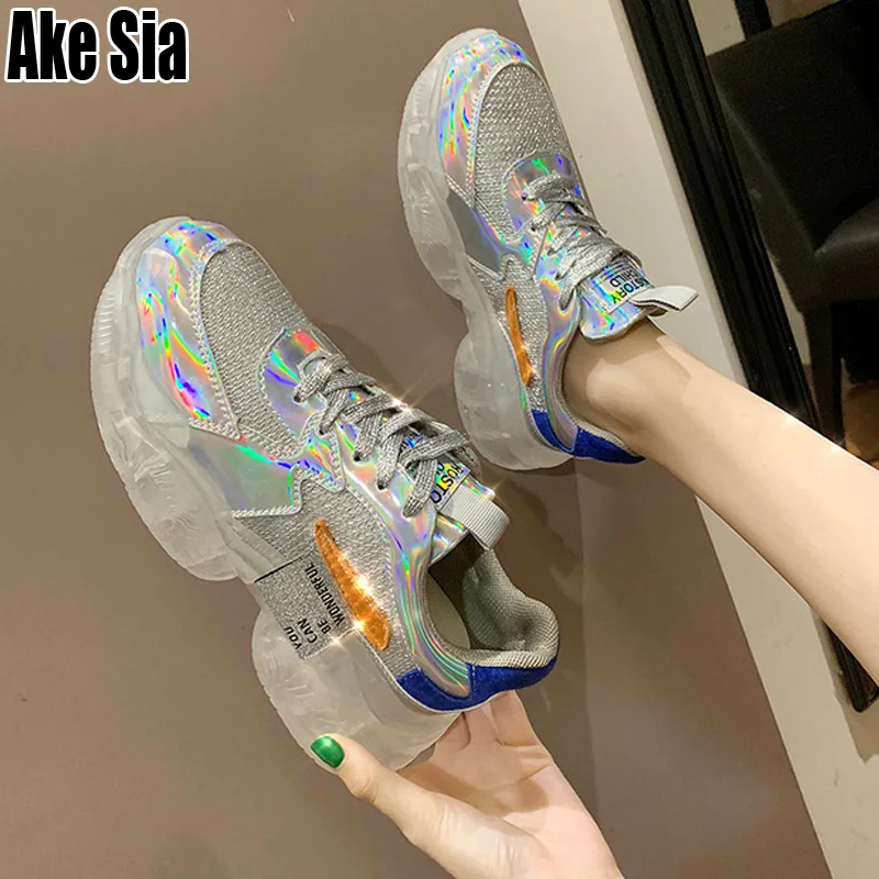 

HOT SALE Laser Dazzle Colors Women Ladies Shoelace Lacing Thick Soles Walking Height Increasing Students Casual Tenis Shoes A641