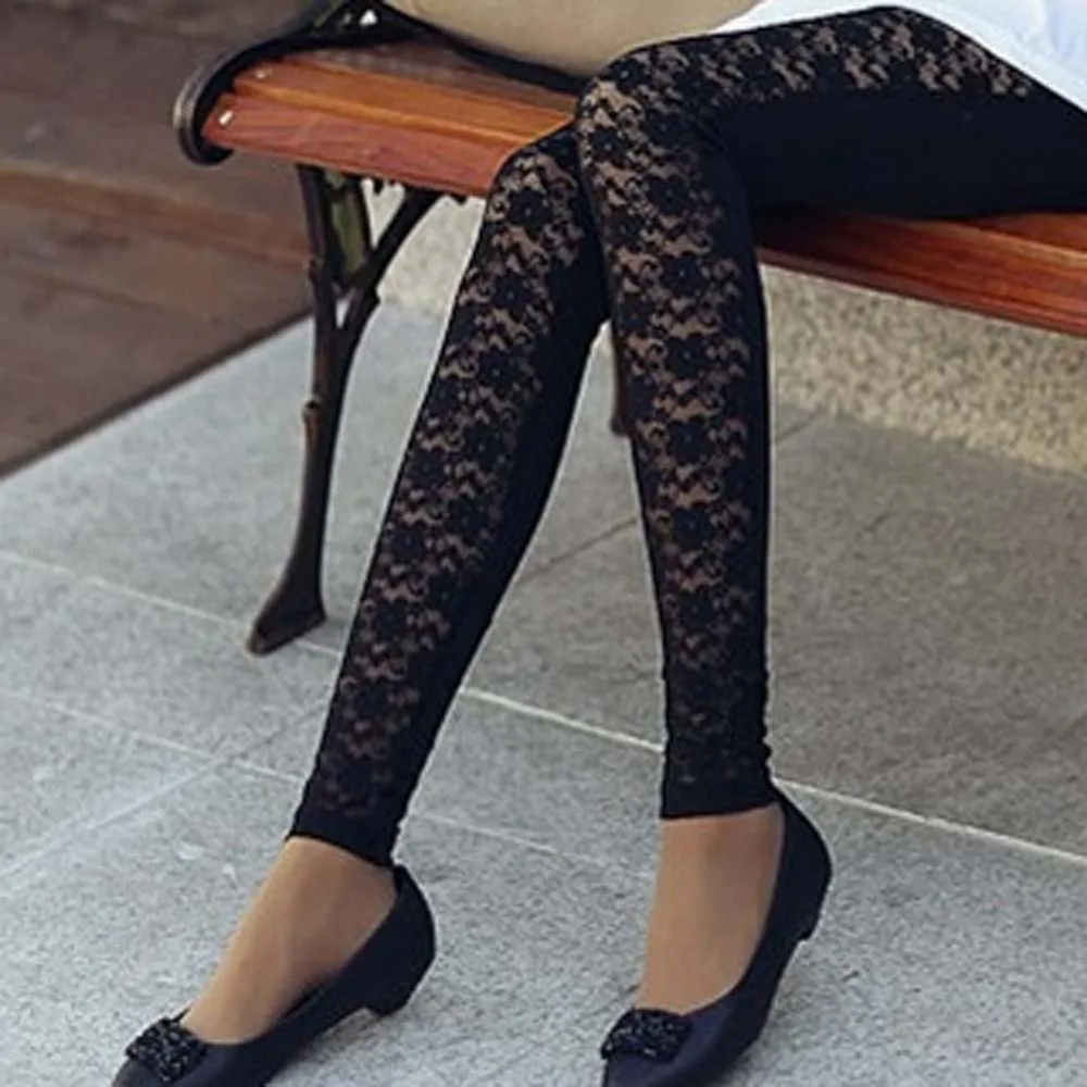 Image Hot Lady Fashion Sexy Floral Super Elastic Lace Faux Leather Leggings