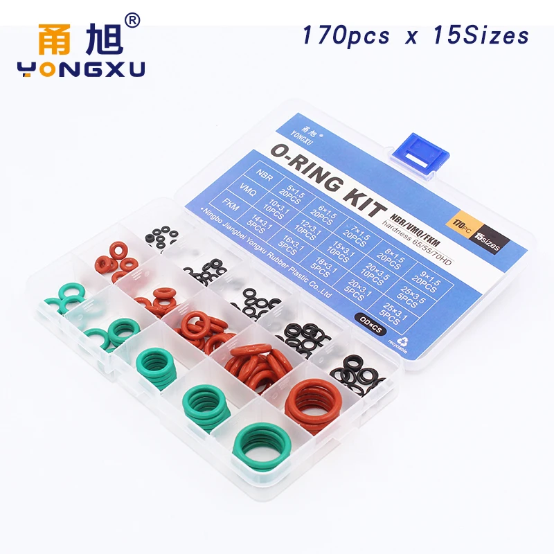 170pcs Mixed Red Silicon Green FKM NBR O Ring Silicone Rubber O-ring Set Seal 15Sizes Gasket Ring Assortment Set Kit Box
170pcs Mixed Red Silicon Green FKM NBR O Ring Silicone Rubber O-ring Set Seal 15Sizes Gasket Ring Assortment Set Kit Box