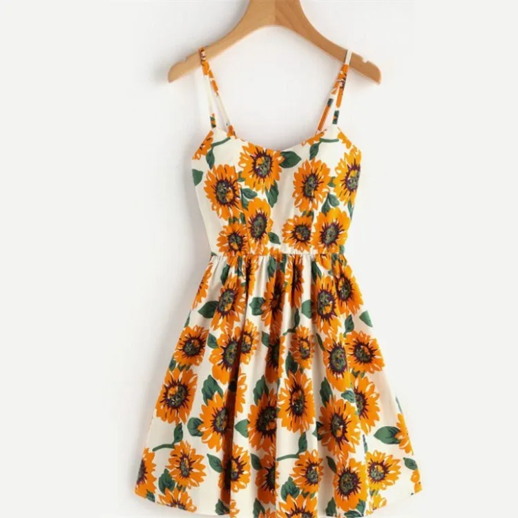 Backless Sunflower Print Dress Women V Neck Off Shoulder Strap Mini Dress A-Line Dresses
Backless Sunflower Print Dress Women V Neck Off Shoulder Strap Mini Dress A-Line Dresses