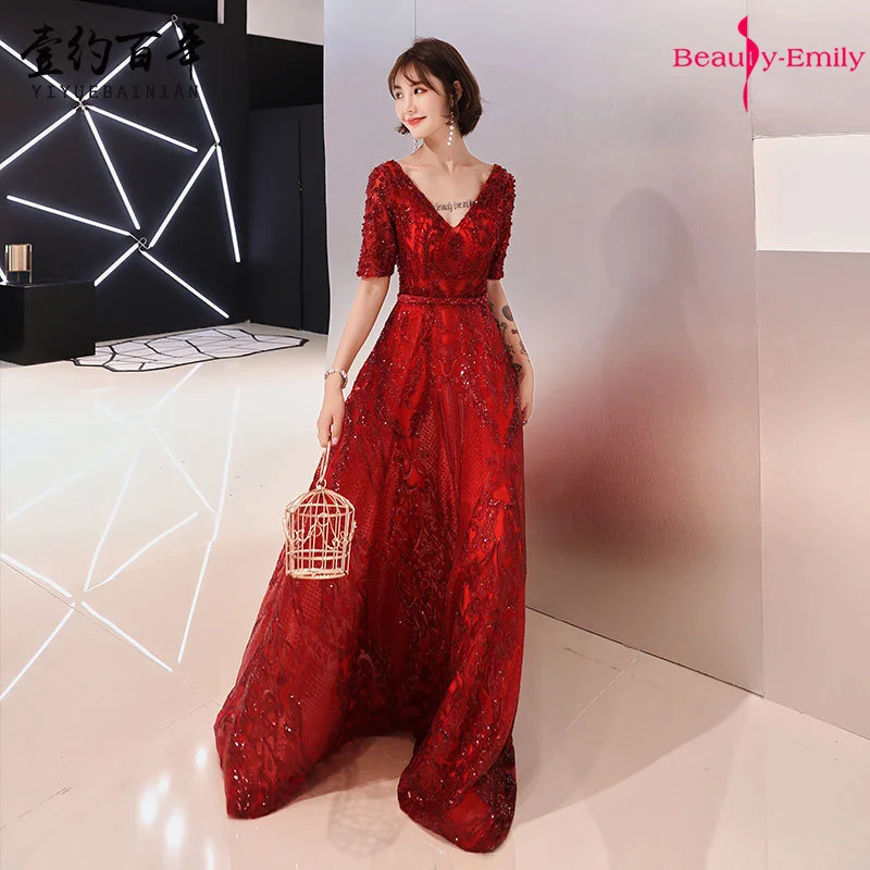 Beauty Emily Long Burgundy V Neck Evening Dresses 2019 Short Sleeve Floral Appliques Sequins vestidos de fiesta de noche
Beauty Emily Long Burgundy V Neck Evening Dresses 2019 Short Sleeve Floral Appliques Sequins vestidos de fiesta de noche