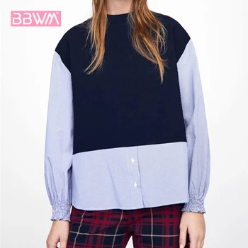 Round neck long sleeve stitching striped round neck women's shirt loose blouse 2019 spring new Single-breasted top Long sleeve 
Round neck long sleeve stitching striped round neck women's shirt loose blouse 2019 spring new Single-breasted top Long sleeve